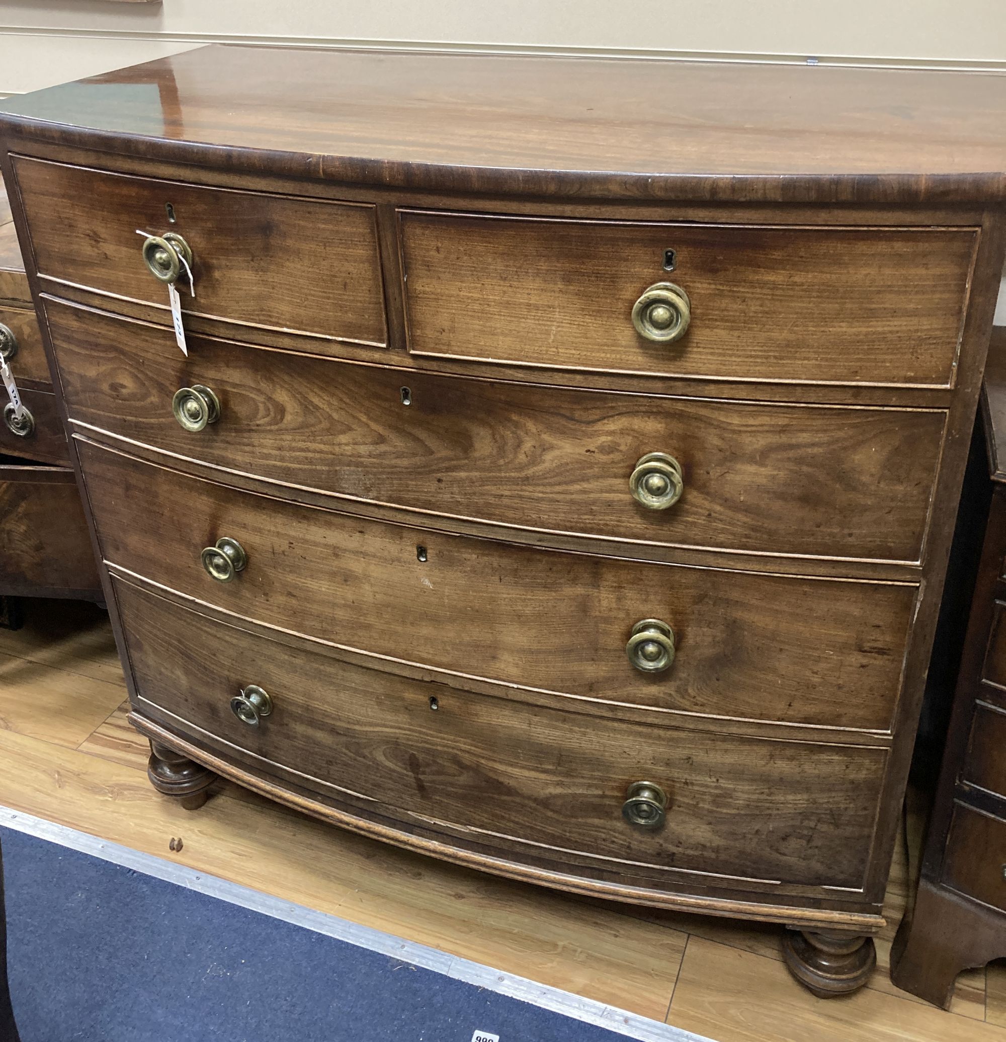 A 19th century mahogany bow-fronted chest of drawers, width 107cm, depth 55cm, height 104cm